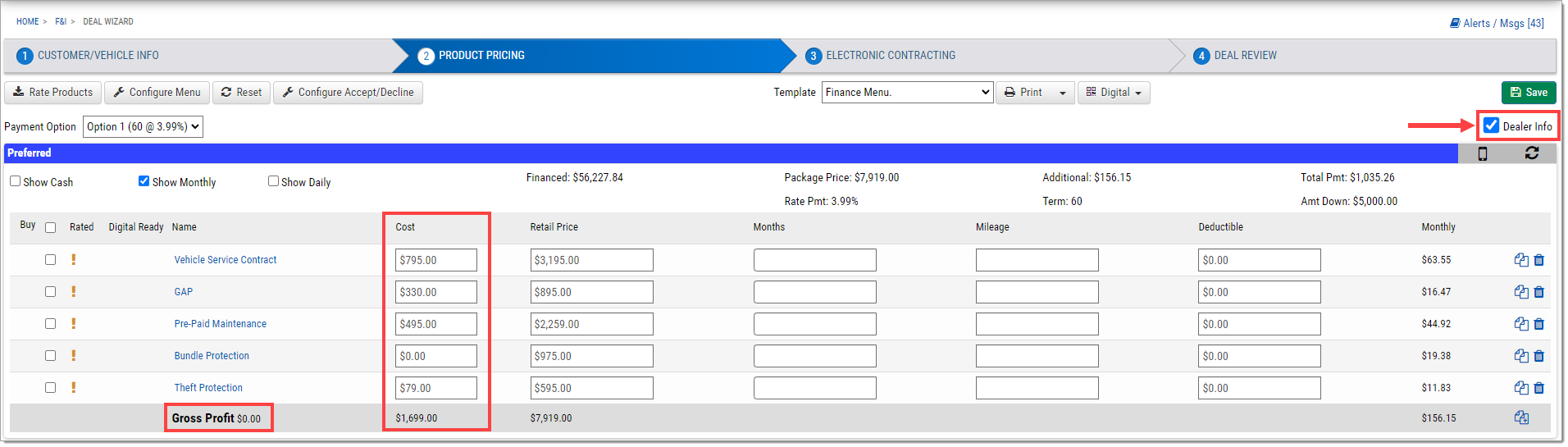 Step Two with boxes highlighting the ‘Cost’ column of the ‘Preferred’ section and the ‘Gross Profits.’