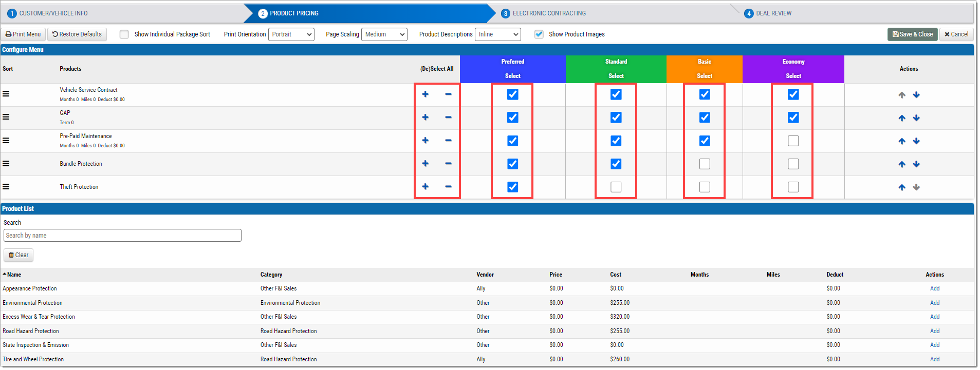 The ‘Configure Menu’ page with a box highlighting the ‘+’ and ‘-’ icons for the products, and boxes highlighting the ’Select’ checkboxes for each package.