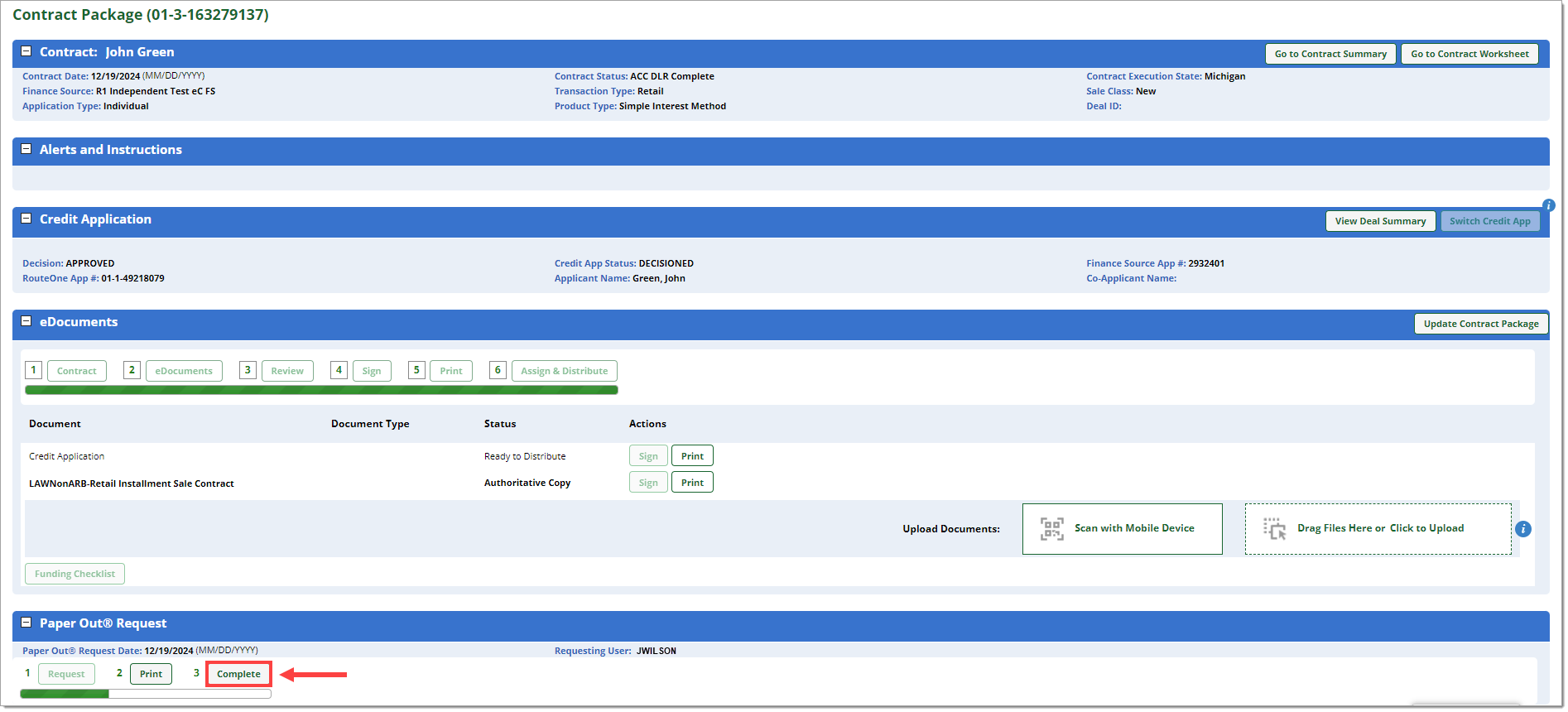 The Contract Package page with the ‘Complete’ button in the Paper Out Request section highlighted by a box with an arrow pointing to it.