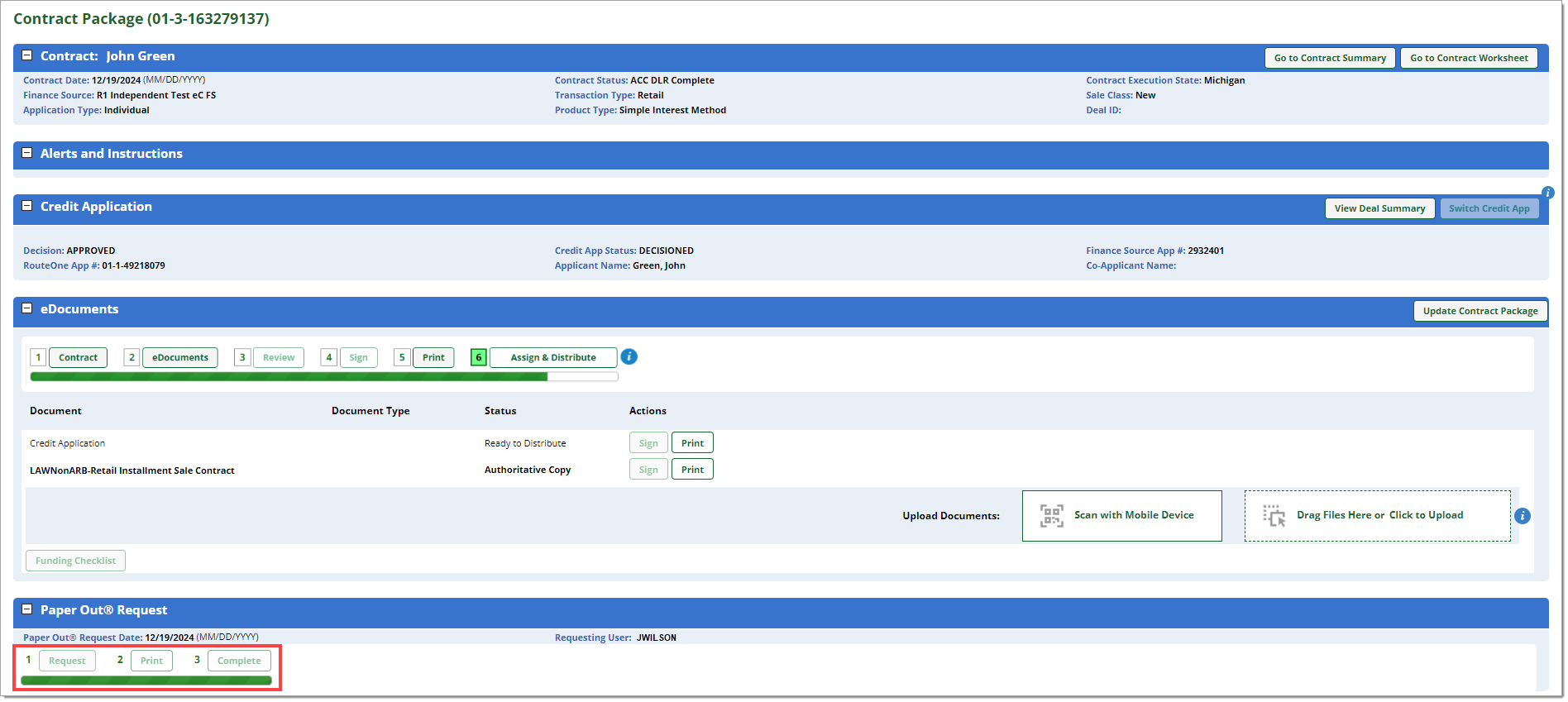 The Contract Package page with the ‘Paper Out Request’ status marked as ‘Complete’ and highlighted by a box.