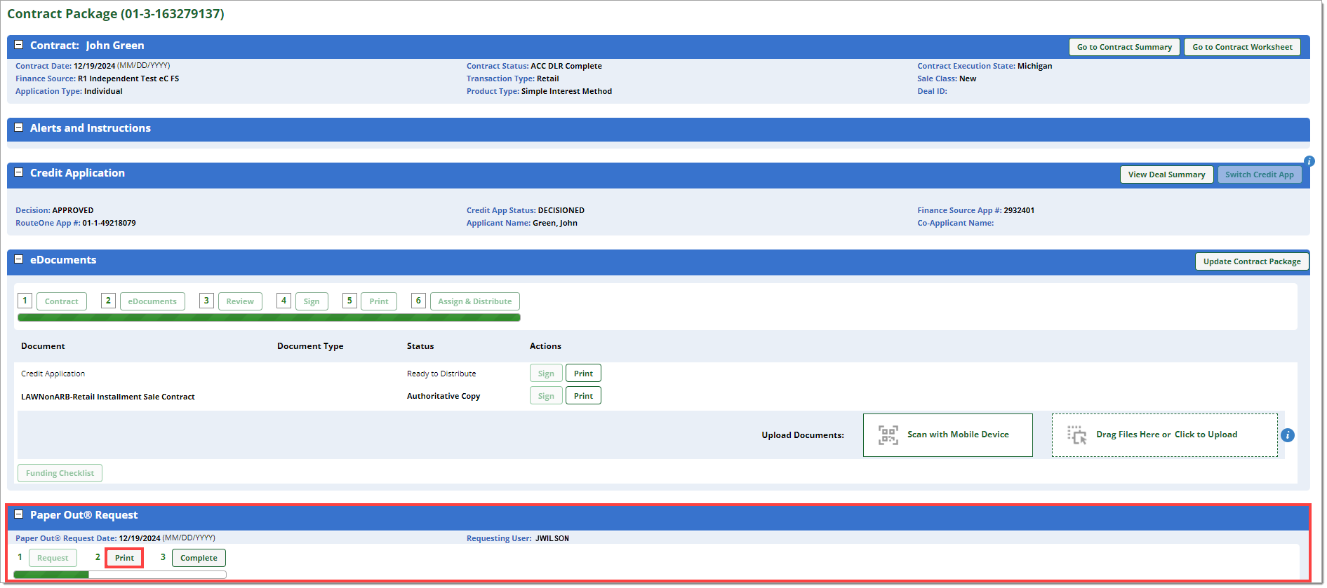 The Contract Package page with the status of Paper Out® request and the ‘Print’ button highlighted by boxes.