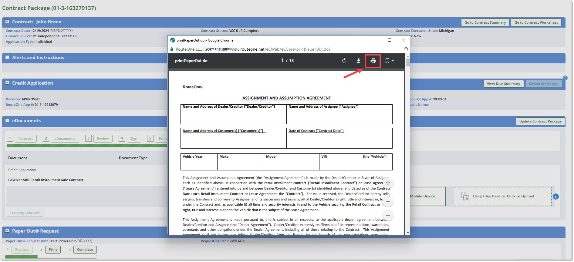 The Contract Package page with the Paper Out PDF opened with the ‘Print’ icon highlighted by a box with an arrow pointing to it.