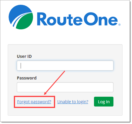  A zoomed-in view of the RouteOne.net login page, with the ‘Forgot password?’ link highlighted by a box with an arrow pointing towards it.