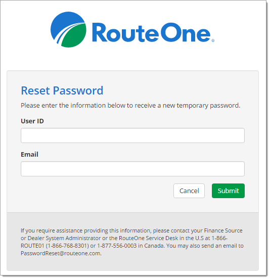 The Reset Password page for RouteOne.net. 