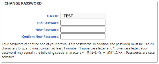 A zoomed-in view of the ‘Change Password’ section of the Settings page.