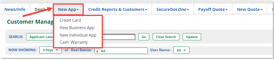 The top menu of the RouteOne system, with the ‘New App’ tab expanded with the tab highlighted by a box with an arrow pointing to it and the drop-down menu highlighted by a box.