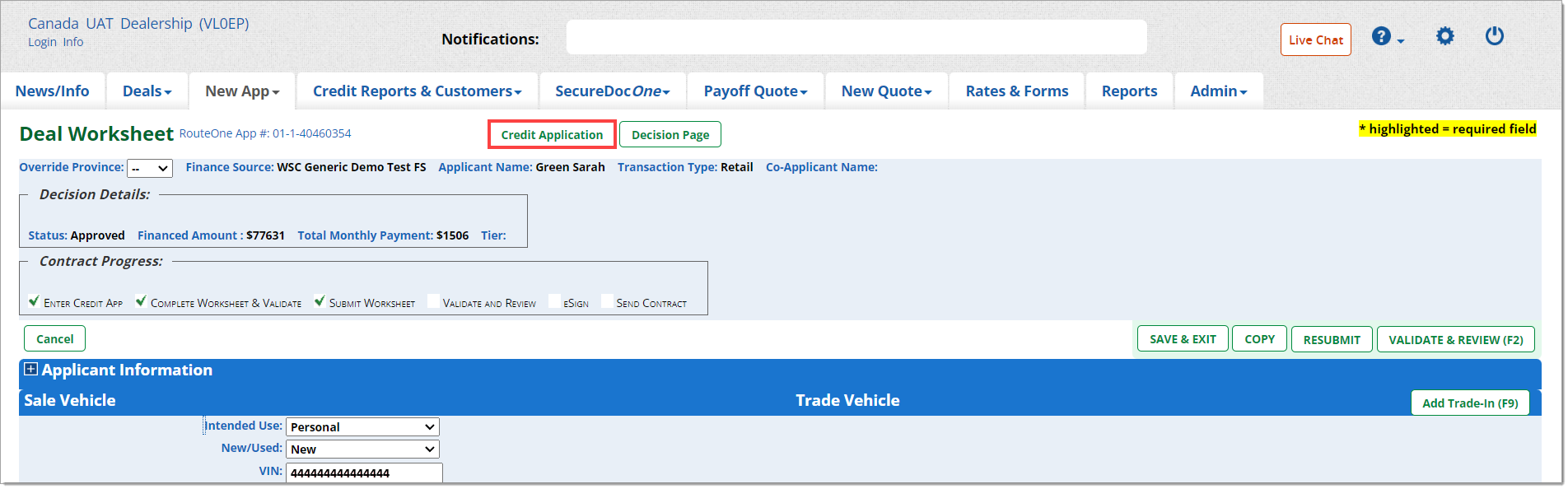 The top of the Deal Worksheet with a box highlighting the ‘Credit Application’ button.