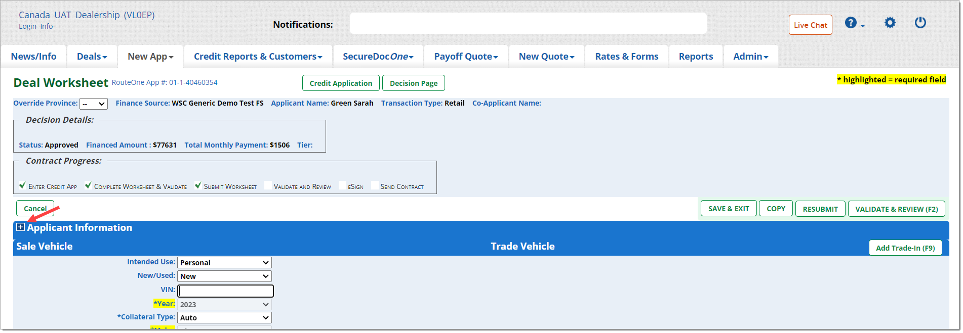 The Deal Worksheet with an arrow pointing to the ‘+’ icon next to the ‘Applicant Information’ section header.