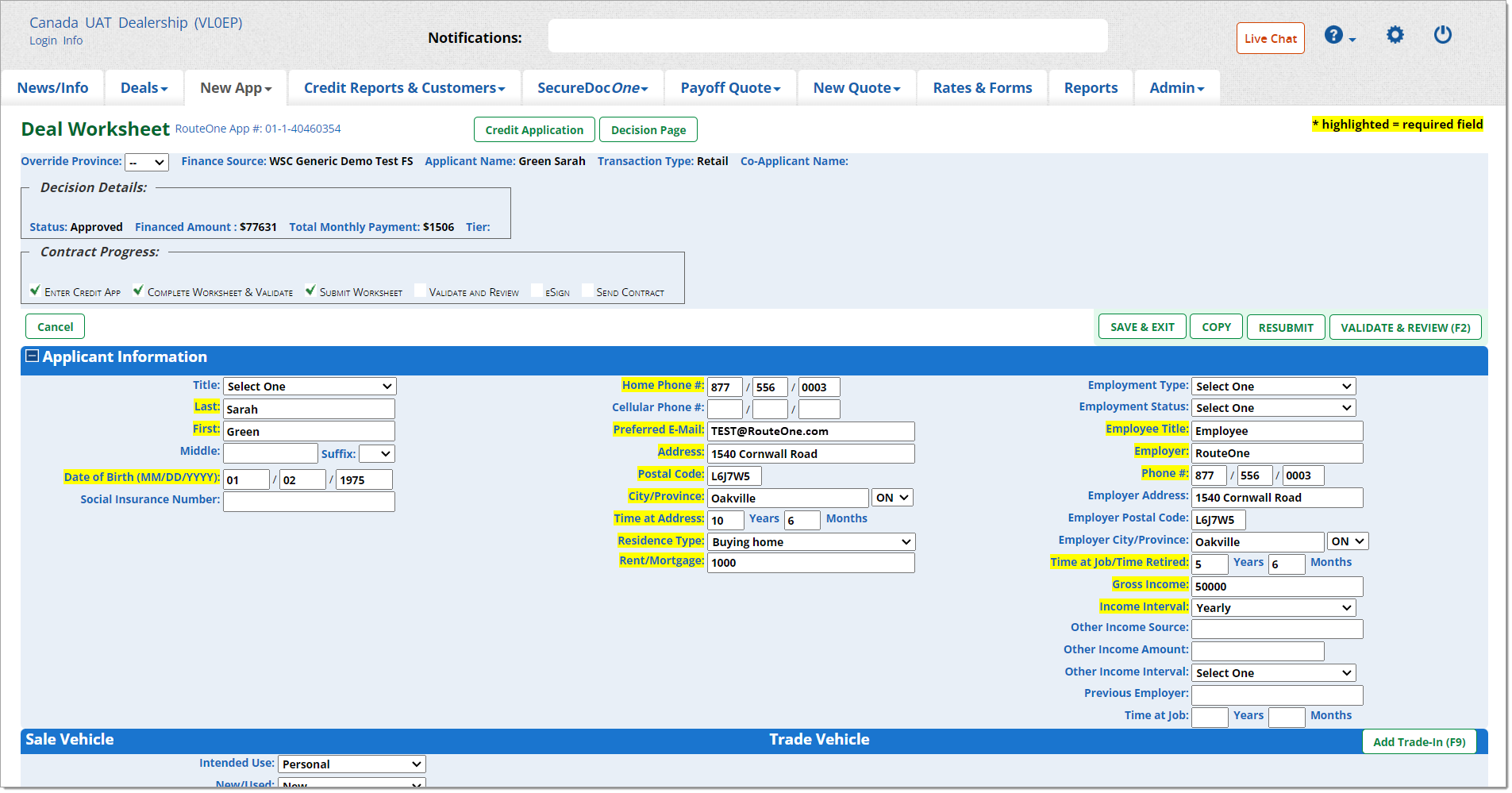 The Deal Worksheet with the Applicant Information section expanded.