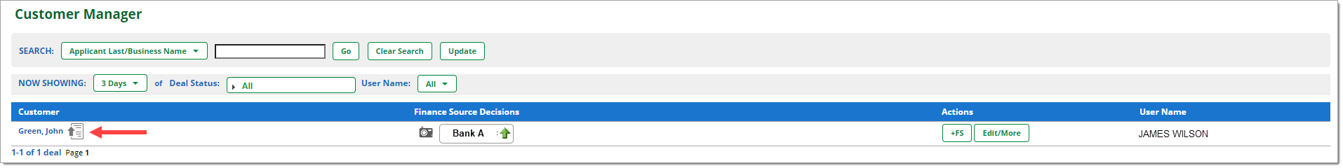 The Customer Manager page with an arrow pointing to the Worksheet icon next to the first Applicant’s name.