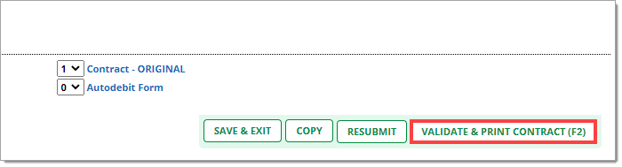 A zoomed-in view of the bottom right corner of the worksheet with the ‘Validate and Print Contract (F2)’ button highlighted by a box.