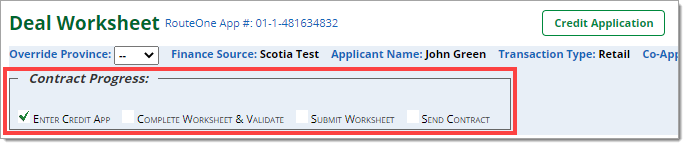 The top of the Deal Worksheet with a box highlighting the Contract Progress with the Enter Credit App box checked.