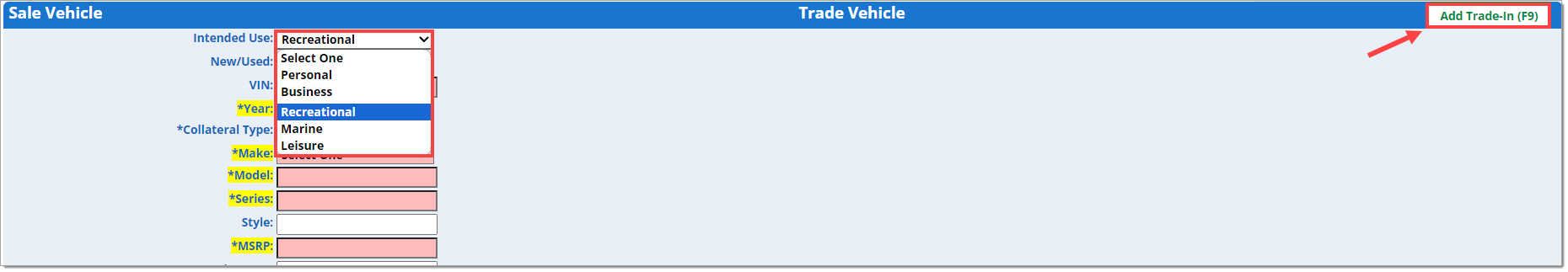 The Sale Vehicle section, with a box highlighting the expanded ‘Intended Use’ drop-down menu and the ‘Add Trade-In’ button highlighted by a box with an arrow pointing to it.