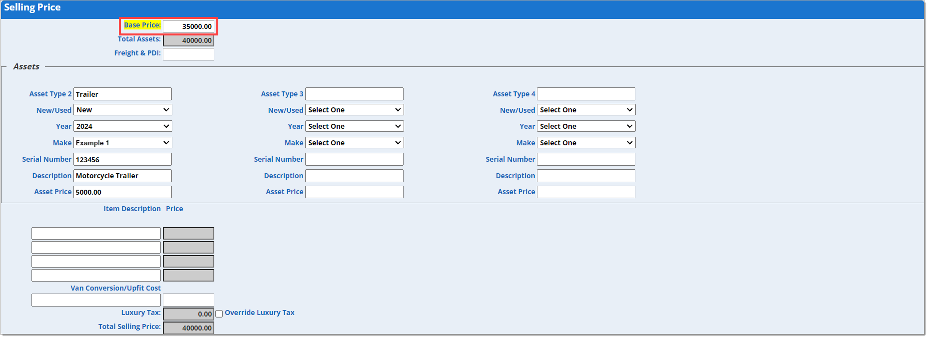 A zoomed-in view of the top of the Selling Price section, with a box highlighting the Base Price field.