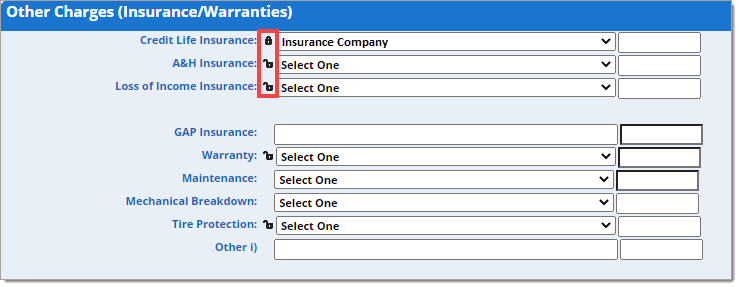 The Other Charges section with the lock icons by the top 3 fields highlighted by a box.