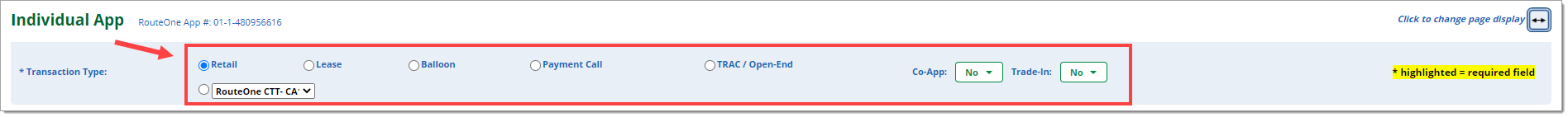 The top of the Individual App page with a box highlighting and arrow pointing to the transaction type selections.