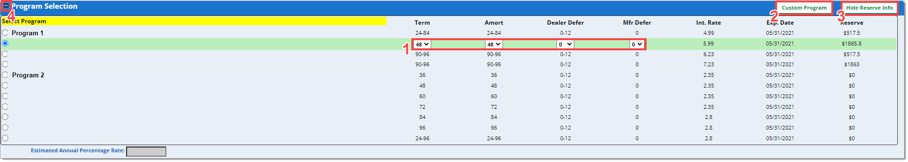 The Program Selection section with a box marked ‘1’ highlighting the top row of drop-down menus, a box marked ‘2’ highlighting the ‘Custom Program’ button, a box marked ‘3’ highlighting the ‘Hide Reserve Info’ button, and a box marked ‘4’ highlighting the ‘-‘ icon in the upper left corner.