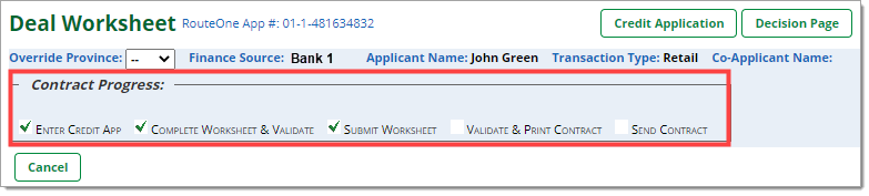 The top of the Deal Worksheet with the 'Submit Worksheet' step checked and the 'Contract Progress' section highlighted by a box.