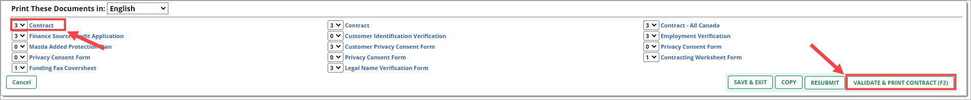 The bottom of the Deal Worksheet with a box highlighting and arrow pointing to the ‘Validate and Print Contract’ button.