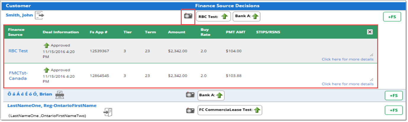 A cropped view of the Customer Manager page with the Decision Snapshot of the example customer expanded, with the ‘Camera’ icon and Decision Snapshot highlighted by boxes.