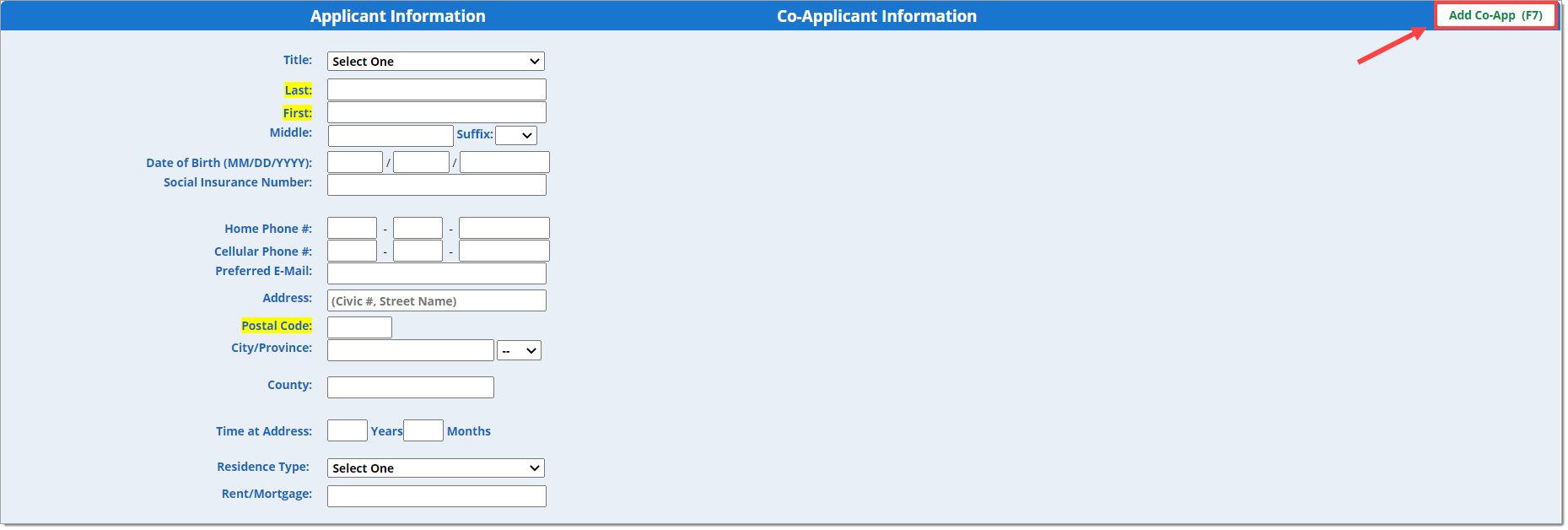 The Applicant Information section of the Individual App page with the Add Co-App (F7) button highlighted by a box with an arrow pointing to it.