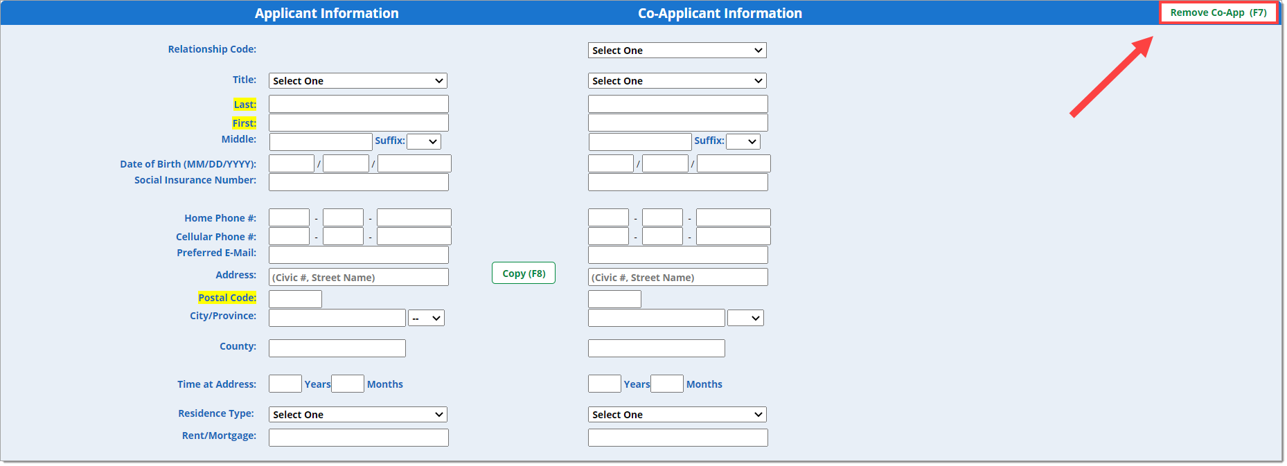 The Applicant Information section of the Individual App page with the Co-Applicant column visible and the Remove Co-App (F7) button highlighted by a box with an arrow pointing to it.