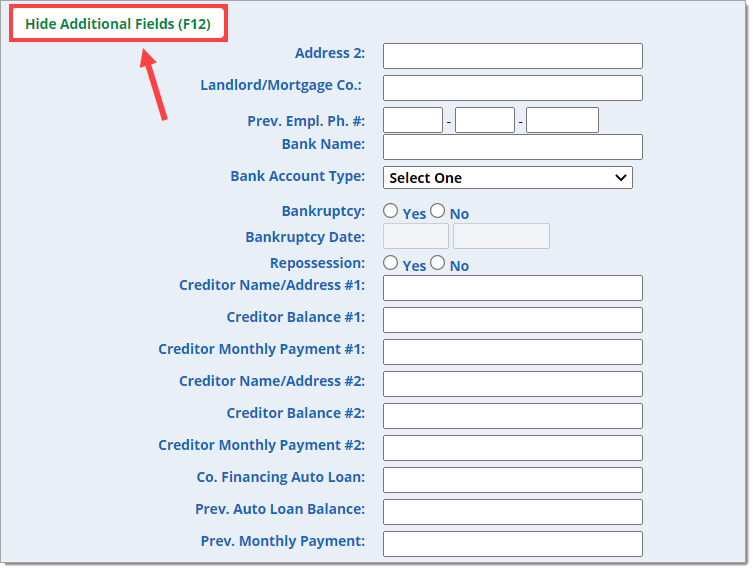 The Additional Fields with the ‘Hide Additional Fields (F12)’ button highlighted by a box with an arrow pointing to it.