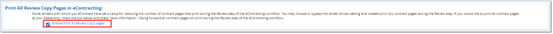 The ‘Print All Review Copy Pages in eContracting’ section with a box highlighting the ‘Enable Print all Review Copy pages’ checkbox.