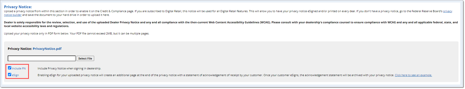 The Privacy Notice section with a box highlighting the ‘Include PN’ and ‘eSign’ checkboxes.