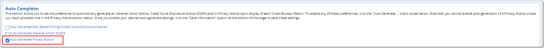 The Auto Complete section with the ‘Auto Generate Privacy Notice’ option checked and highlighted with a box.