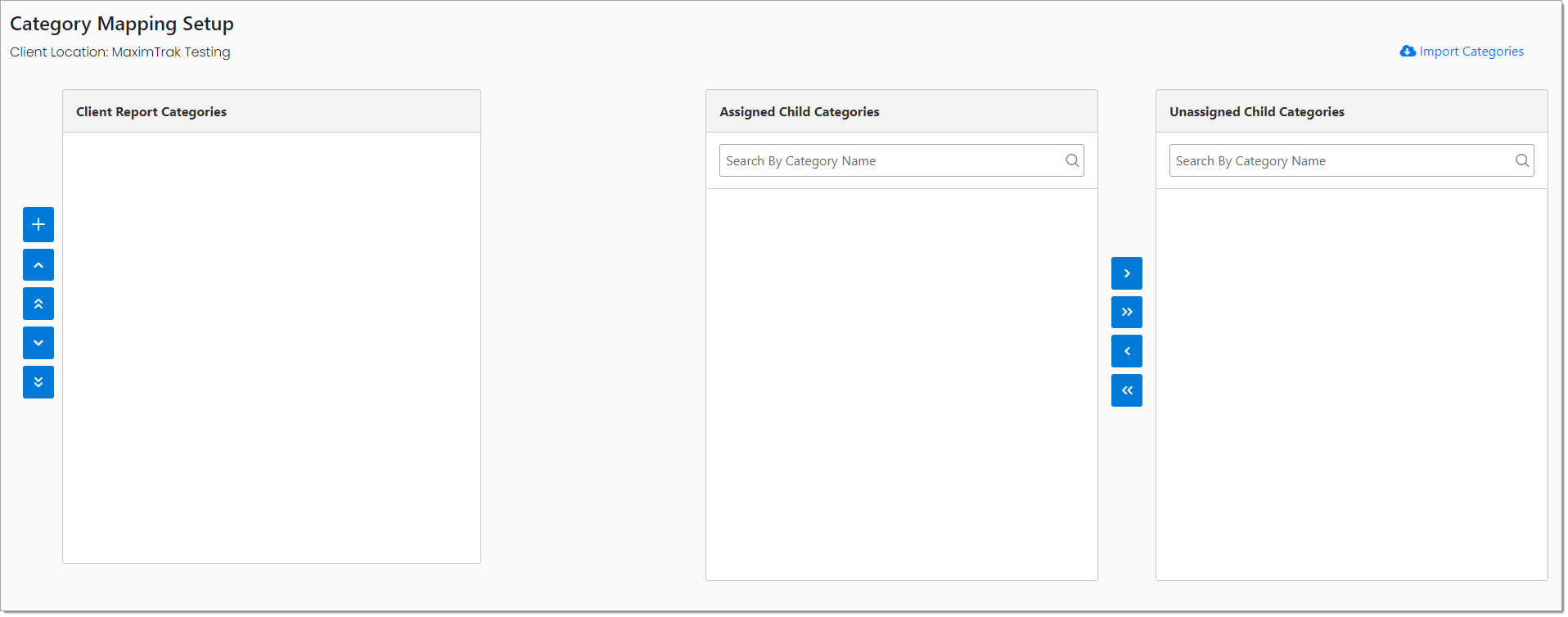 A cropped view of the Category Mapping Setup page with the three panels empty. 