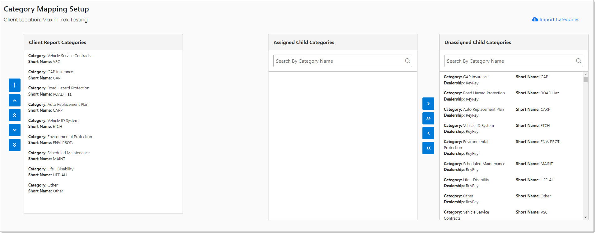 A cropped view of the Category Mapping Setup with categories in the ‘Client Report Categories’ and ‘Unassigned Child Categories’ panels.