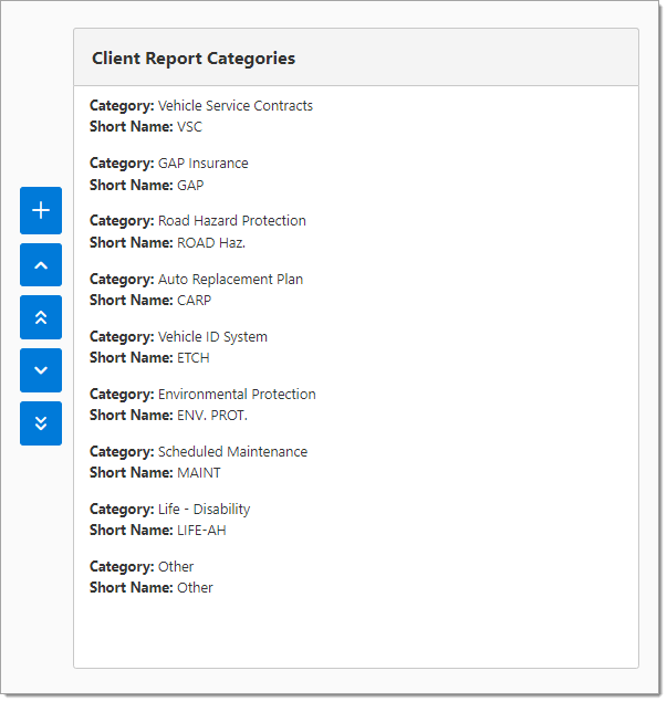 A cropped view of the ‘Client Report Categories’ panel.