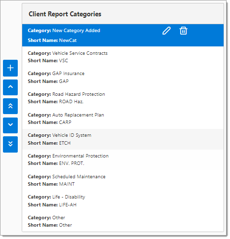 A cropped view of the ‘Client Report Categories’ panel with the new category that was created highlighted. 