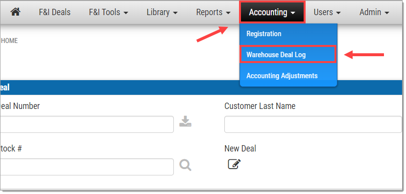 A zoomed-in view of the top menu of the RouteOne Menu homepage with the ‘Accounting’ drop-down menu expanded and highlighted by a box with an arrow pointing towards it, and the ‘Warehouse Deal Log’ option of that menu highlighted by a box with an arrow pointing towards it.