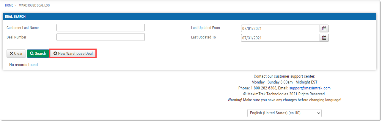 The Warehouse Deal Log page with a box highlighting the ’New Warehouse Deal’ button. 