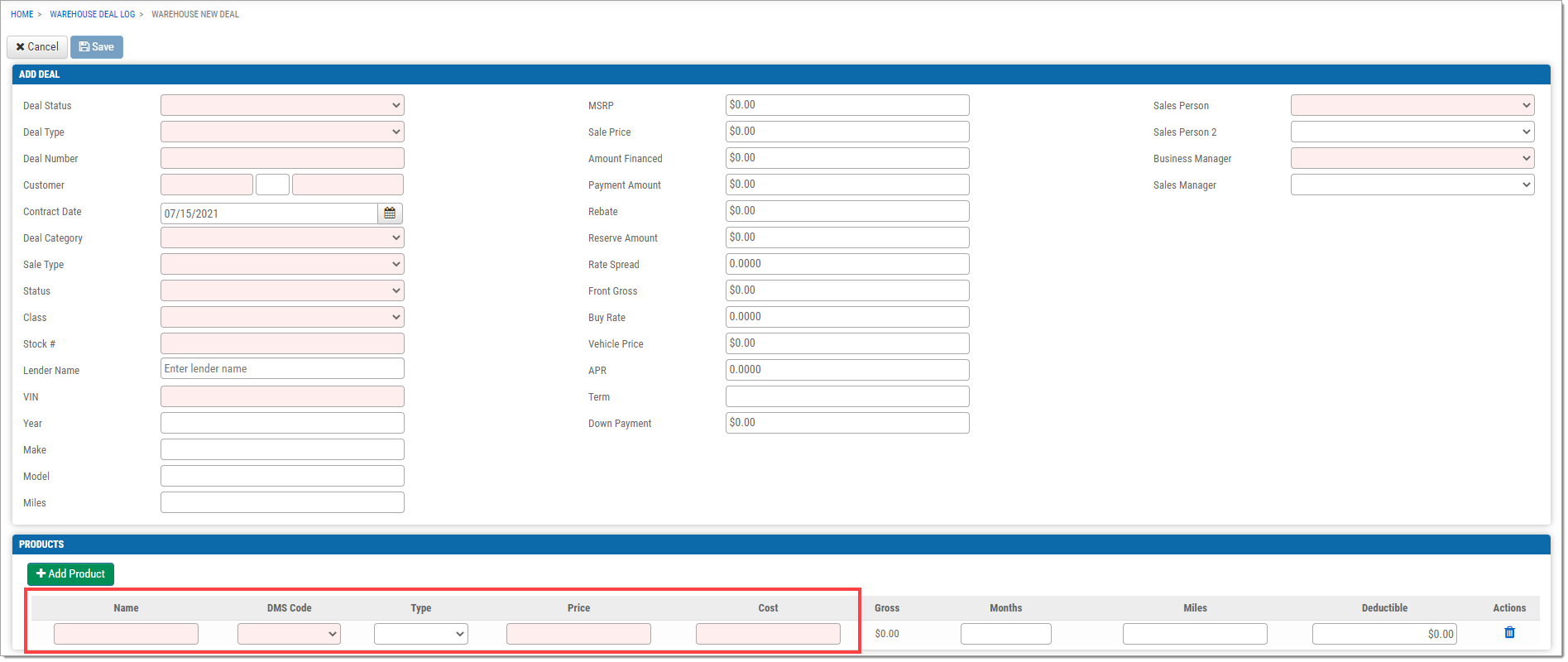 The New Warehouse Deal page with the added product fields at the bottom of the page.  There is a box highlighting the first 5 fields, with the ’Name,’ ’DMS Code,’ ’Price,’ and ’Cost’ fields highlighted red to indicate they are required. 