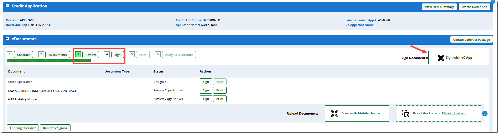 Box around ‘Review’ and ‘Sign’ steps. Arrow pointing to the ‘Sign with eC App’ button. 