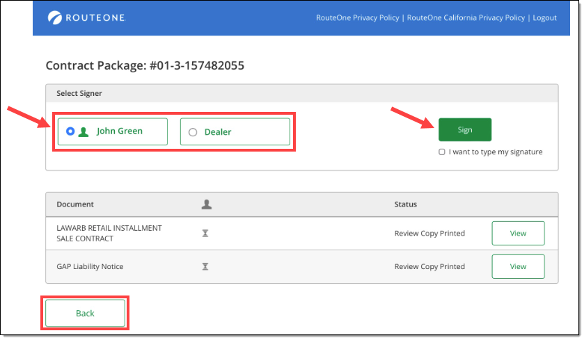 Box around signers, with arrow pointing to radio button of the customer signer. Arrow pointing to the ‘Sign’ button. Box around ‘Back’ button. 