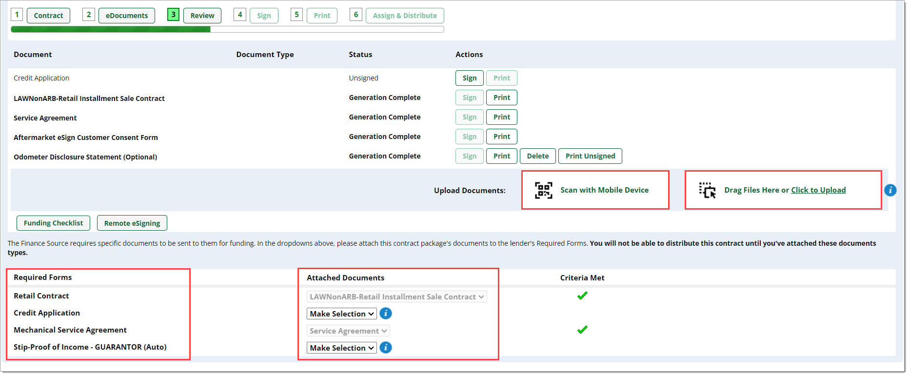 The Contract Package page with boxes highlighting the  ‘Scan with Mobile Device’ and ‘Drag Files Here or Click to Upload’ buttons, and both the ‘Required Forms’ and ‘Attached Documents’ columns.