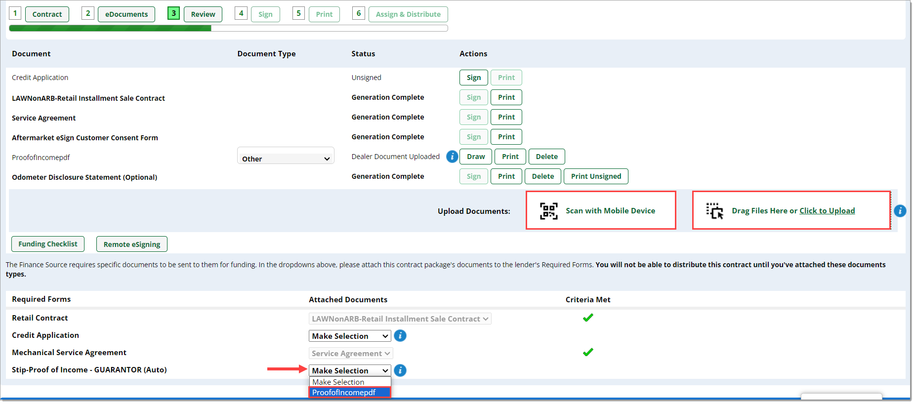 The eDocuments section of the Contract Package page with a box highlighting the ‘Scan with Mobile Device’ and ‘Drag Files Here or Click to Upload’  buttons and an arrow pointing to the ‘W2 OR Paystub’ dropdown menu, with a box highlighting the ‘W2’ option.