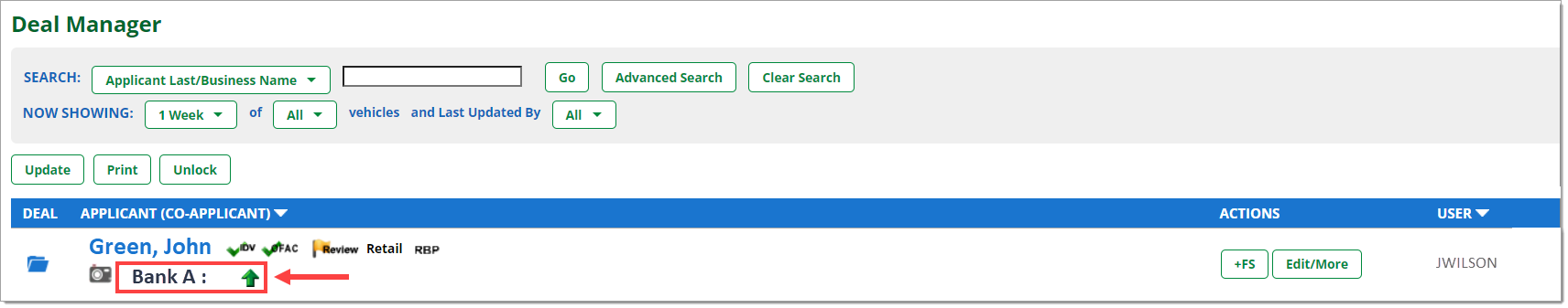 The Deal Manager page with a box highlight and arrow pointing to a decision status.