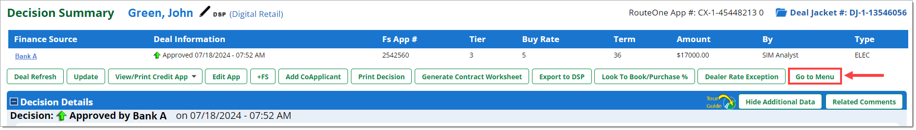 The top of the Decision Summary page with a box highlighting and arrow pointing to the ‘Go to Menu’ button.