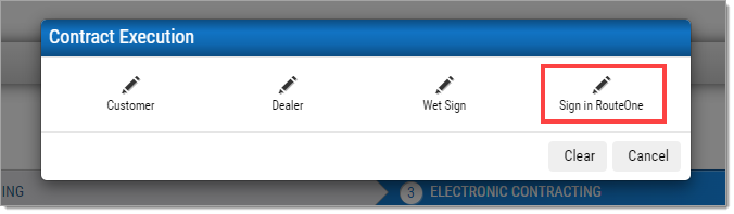 The Contract Execution pop-up that results from clicking the Execute button.  There is a box highlighting the far-right option, Sign in RouteOne.