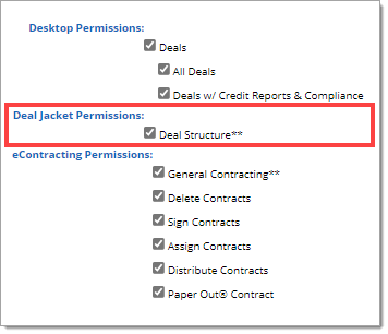 The permissions section of the Edit User page of RouteOne with the ‘Deal Jacket Permissions’ section highlighted by a box. 