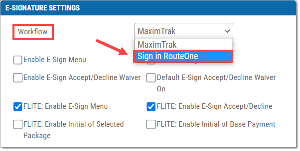 The E-Signature Settings section of the Deal Wizard, with the ‘Workflow’ drop-down menu opened, and a box highlighting and arrow pointing to the ‘Sign in RouteOne’ option.  The word ‘Workflow’ is also highlighted by a box. 