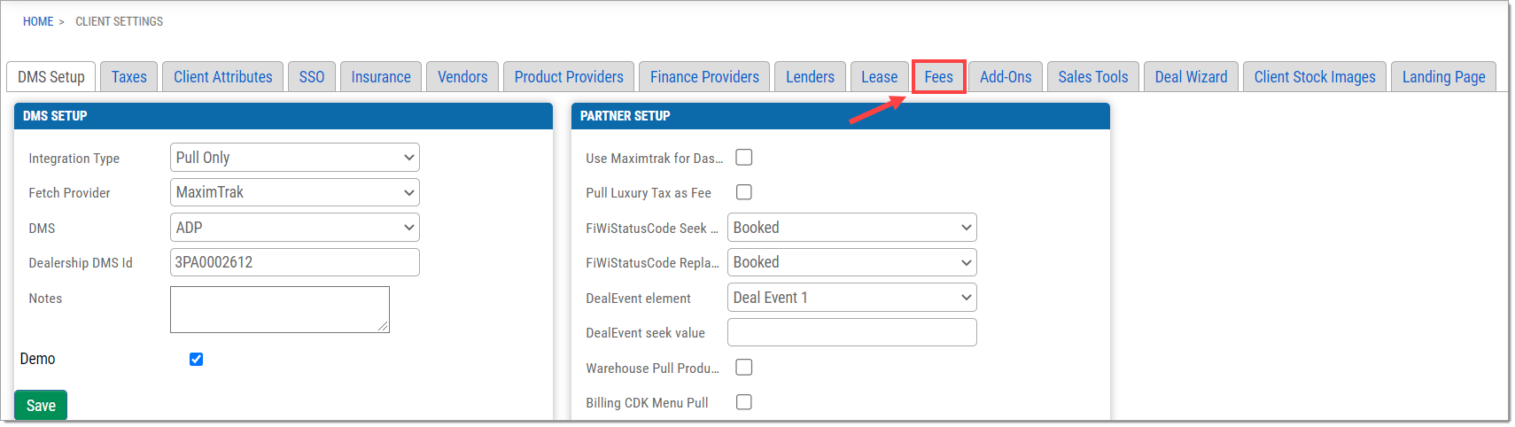 The dealership dropdown menu, with a box highlighting the ‘Manage Client Settings’ option.