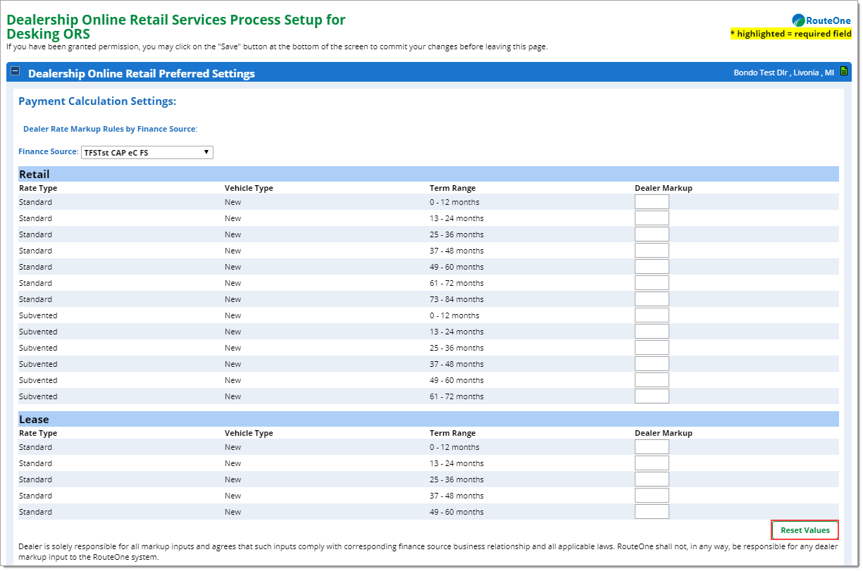 The Dealership Online Retail Services Process Setup for Desking ORS page with a box highlighting the ‘Reset Values’ button on the bottom right of the page.