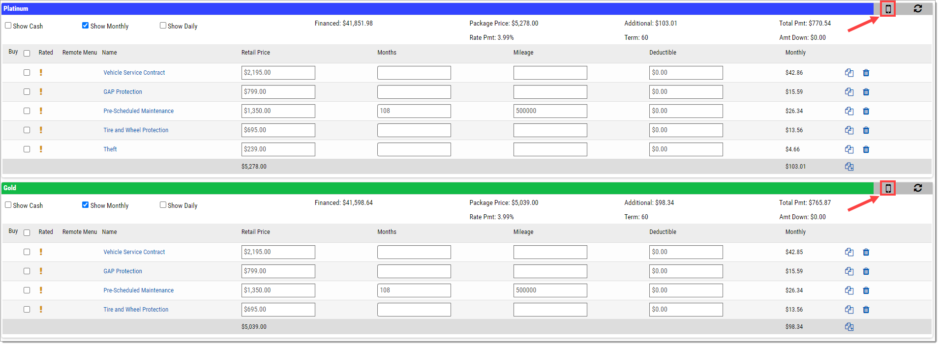 The Deal Wizard page with arrows and boxes highlighting the ’Send’ icons.