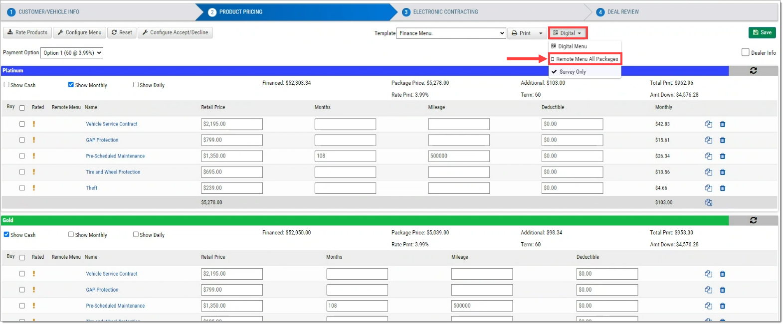 The Deal Wizard page with the ‘Digital’ drop-down menu expanded and the ‘Remote Menu All Packages’ option highlighted by an arrow and box.